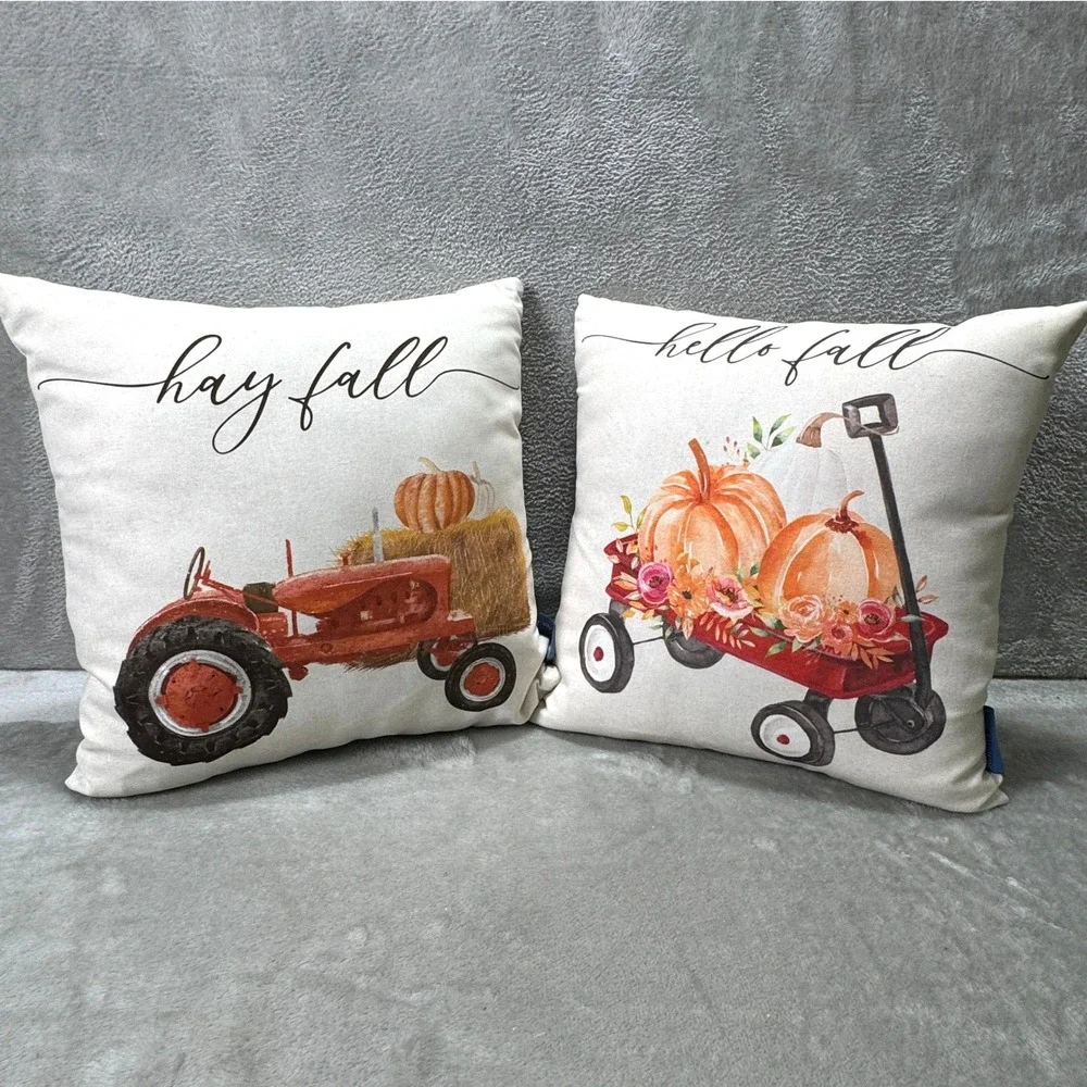 Fall Throw‎ Pillows Set 2 Hello Fall Hay Fall Wagon Autumn Pumpkin Cottagecore
